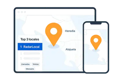 Mapa de Costa Rica con un negocio Radar Local rankeando #1 en resultados locales — Heredia, Alajuela y otras zonas del GAM visibles
